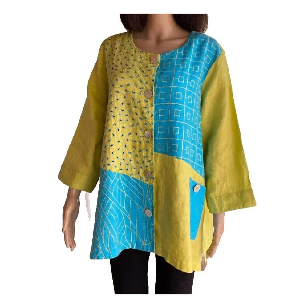 Ali Miles Vintage Turquoise & Lime Linen Lagenlook Shacket Jacket Top Size 1X